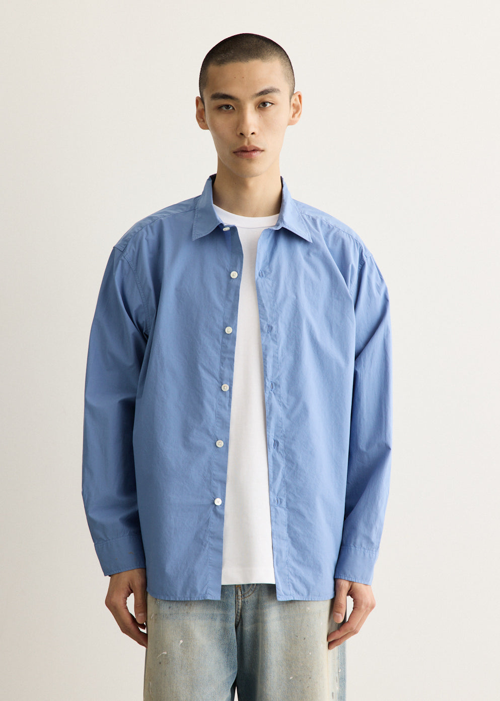 Relaxed-Fit Cotton Poplin Shirt with Spread Collar and Dropped Shoulders