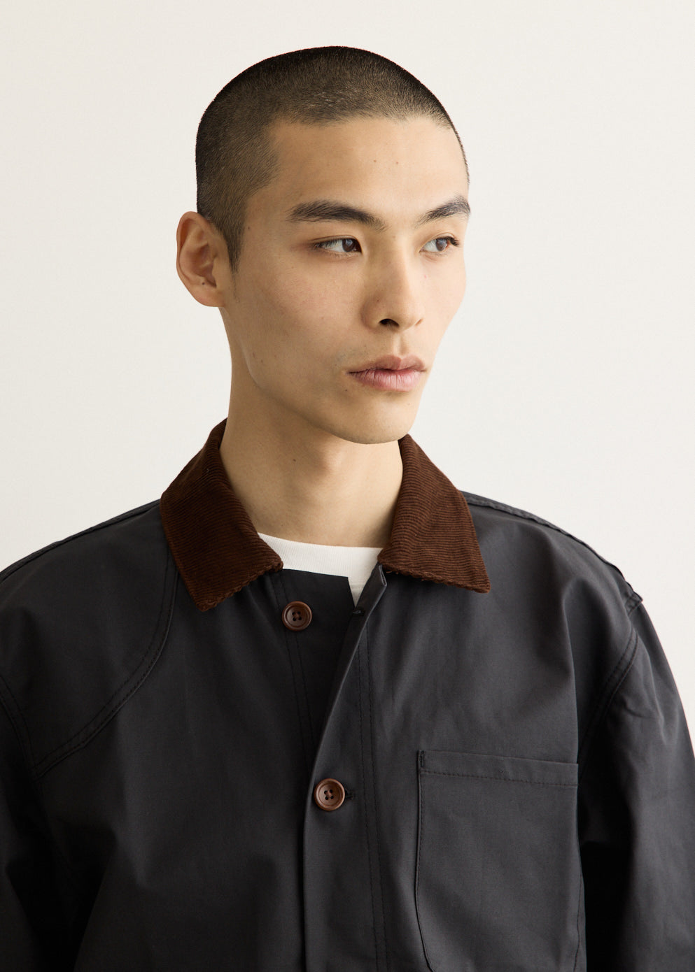Waxed Cotton Canvas Jacket with Corduroy Collar and Two-Way Zipper
