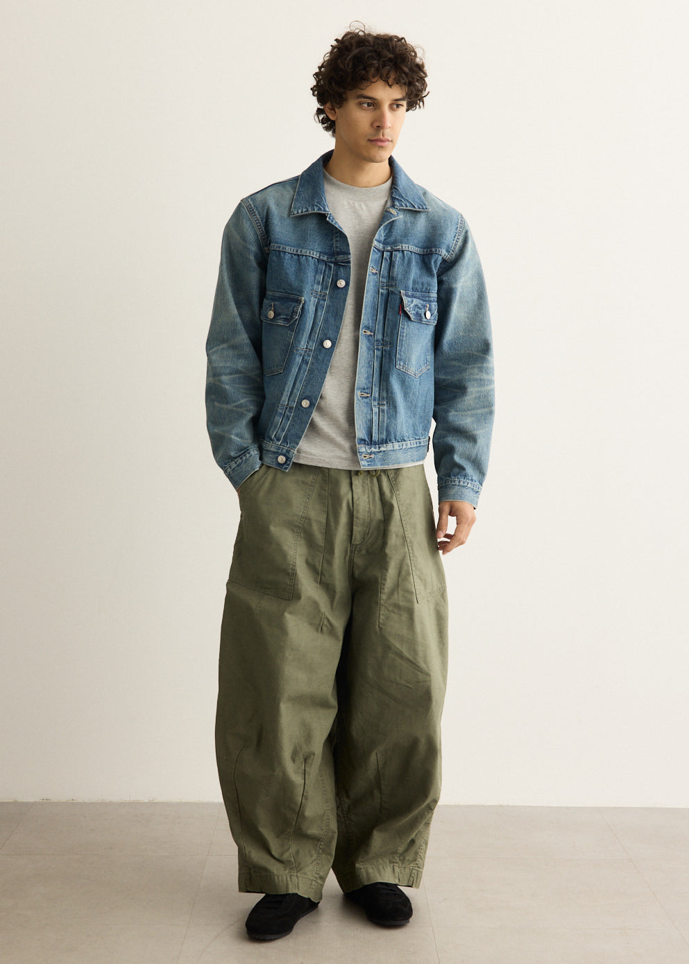 Wide-Leg Cotton Drill Pants with Drawstring Waistband and Oversized Patch Pockets