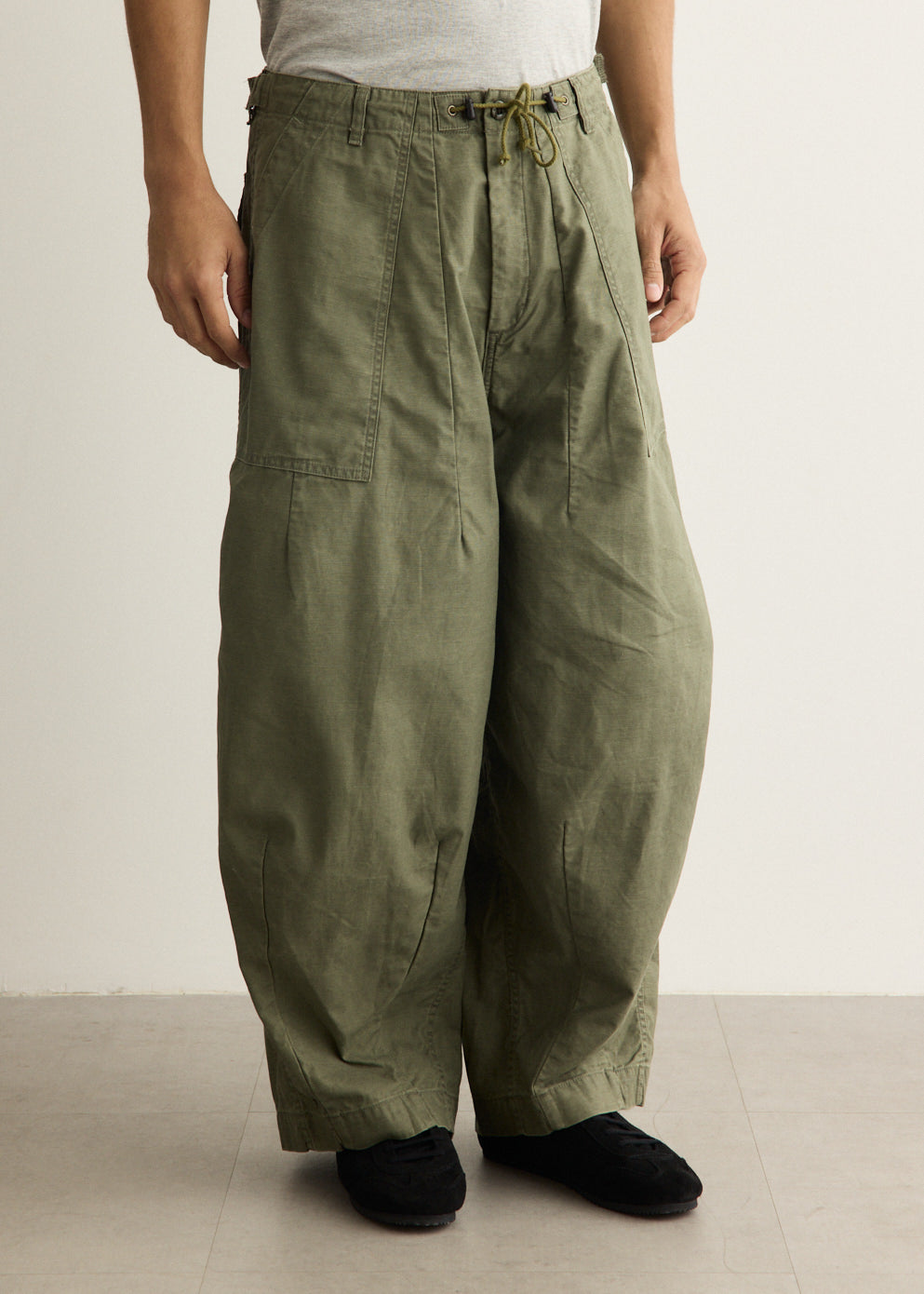 Wide-Leg Cotton Drill Pants with Drawstring Waistband and Oversized Patch Pockets