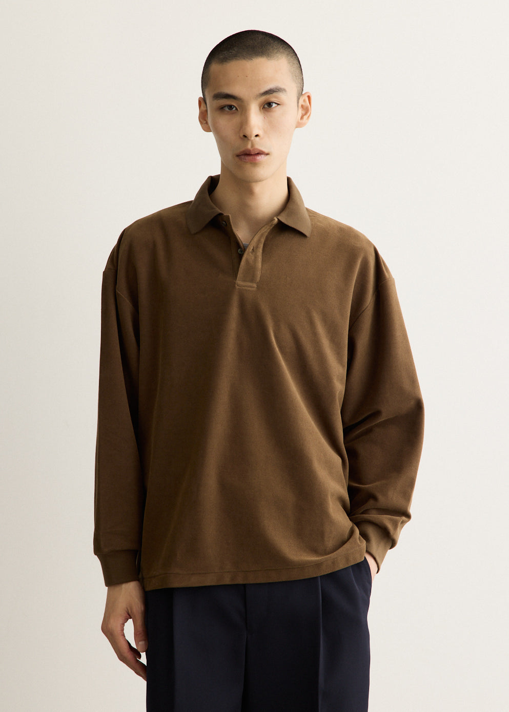Long Sleeve Polo Shirt with Textured Pique Velour Fabric and Ribbed Cuffs
