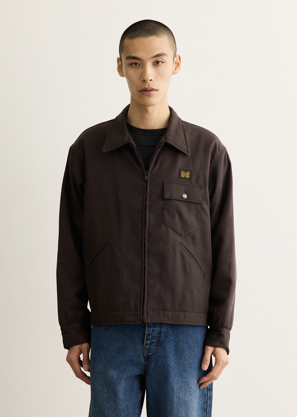 Collared Zip Jacket with Padded Lining and Chest Pocket, Relaxed Fit