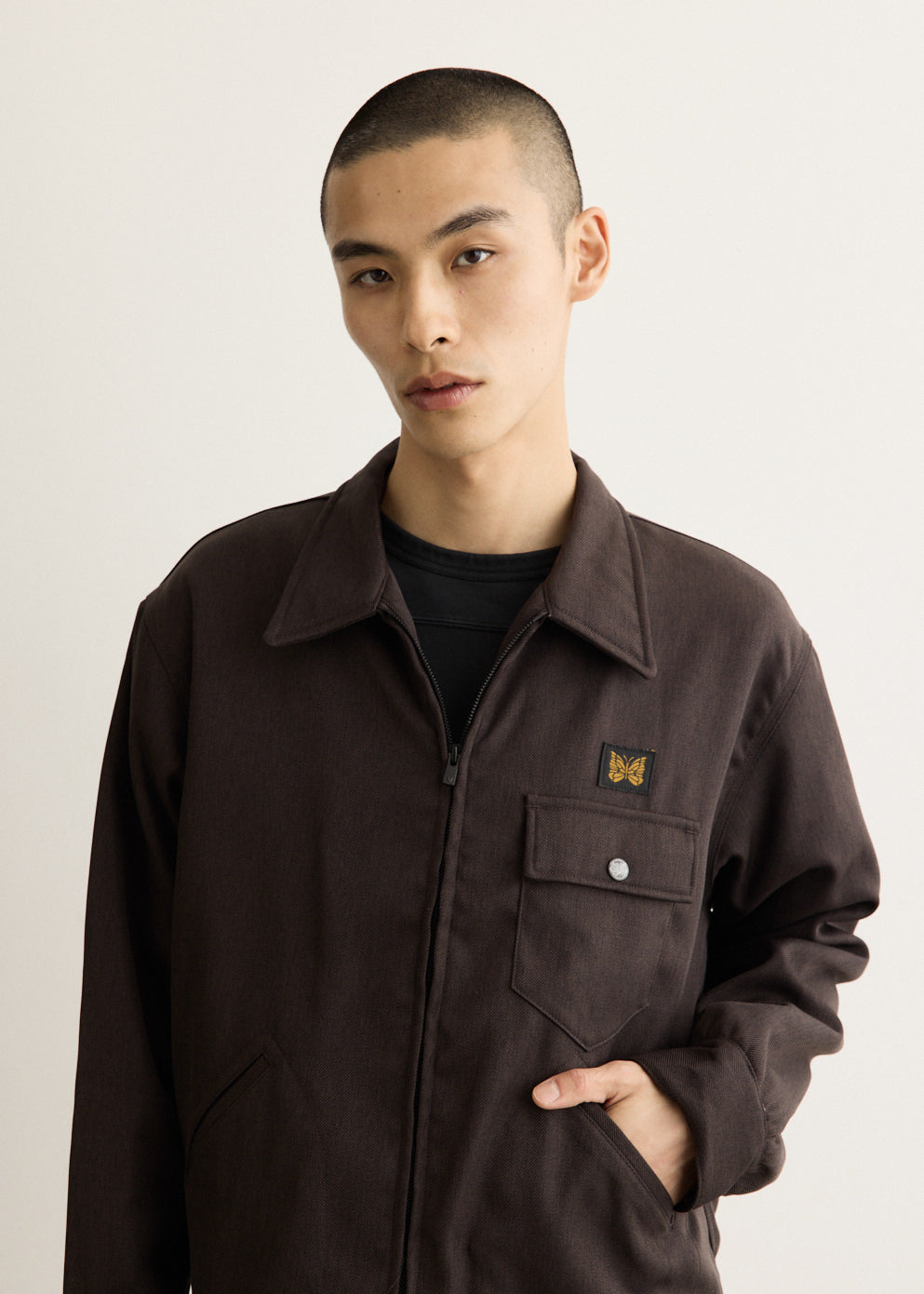 Collared Zip Jacket with Padded Lining and Chest Pocket, Relaxed Fit
