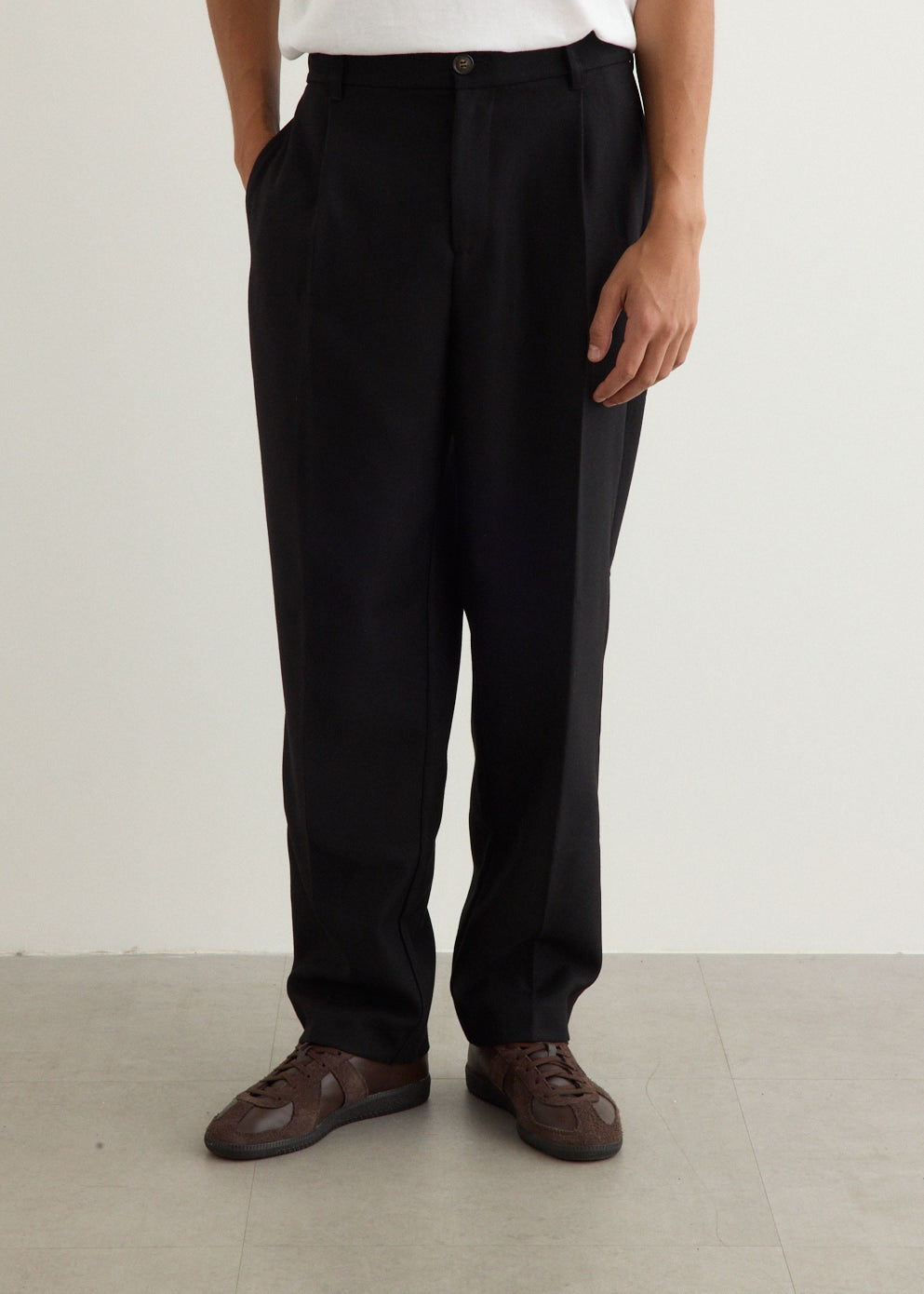 Straight Leg Wool-Blend Tailored Pants with Mid-Rise Waist and Front Pleats