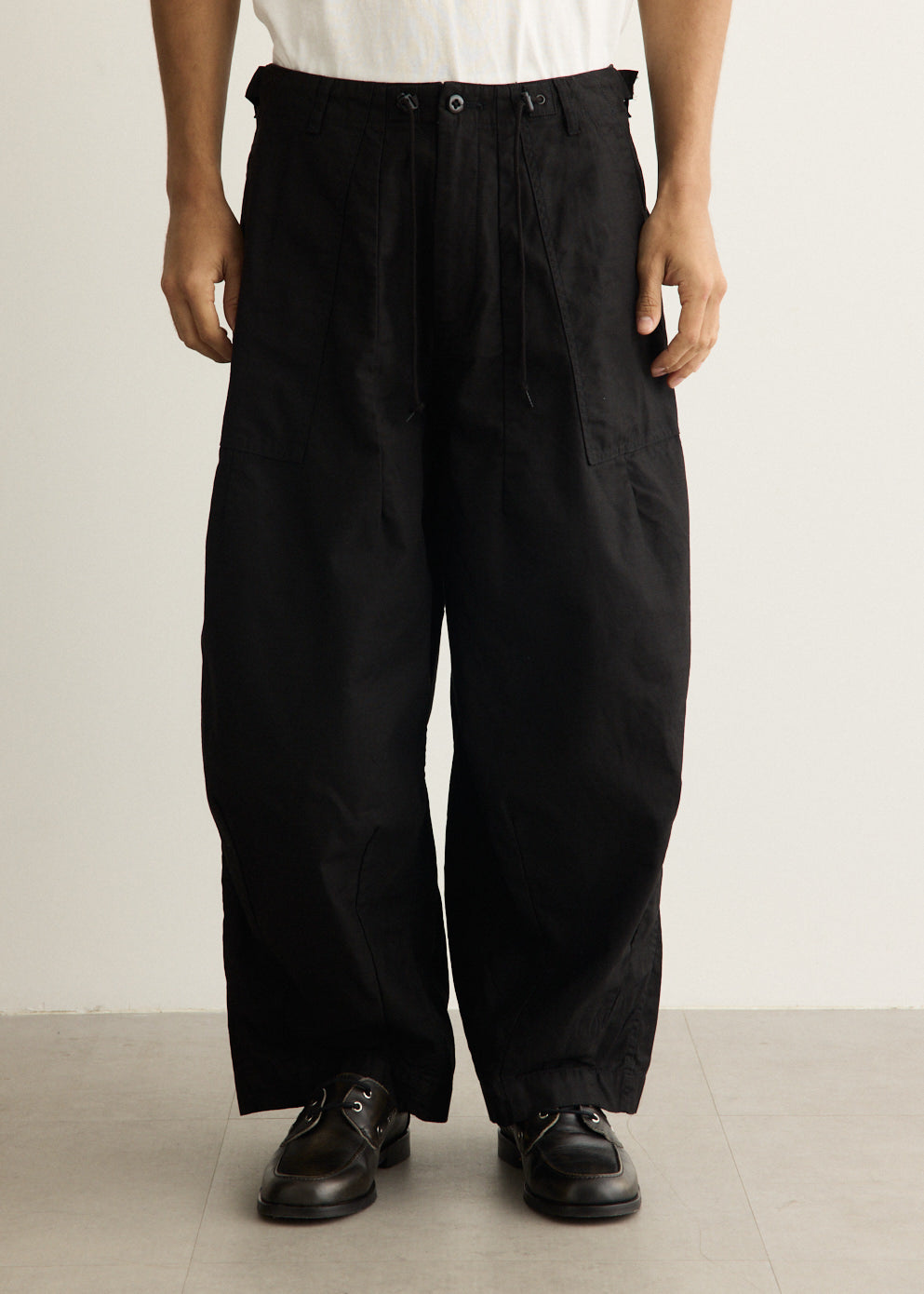 Washed Cotton Drill Fatigue Pants with Wide Leg and Drawstring Waistband