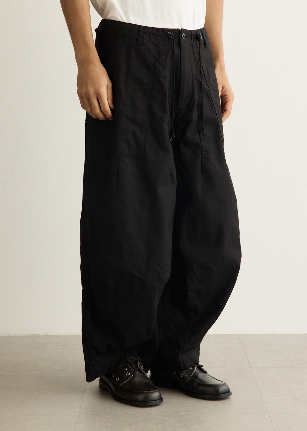 Washed Cotton Drill Fatigue Pants with Wide Leg and Drawstring Waistband