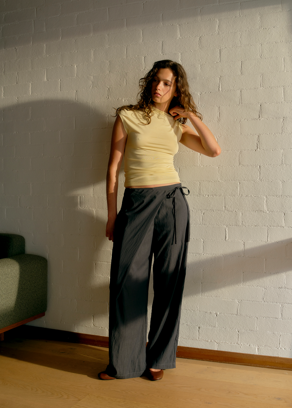 Wide Leg Wrap Pants with Textured Nylon Blend and Extended Pleat Detail