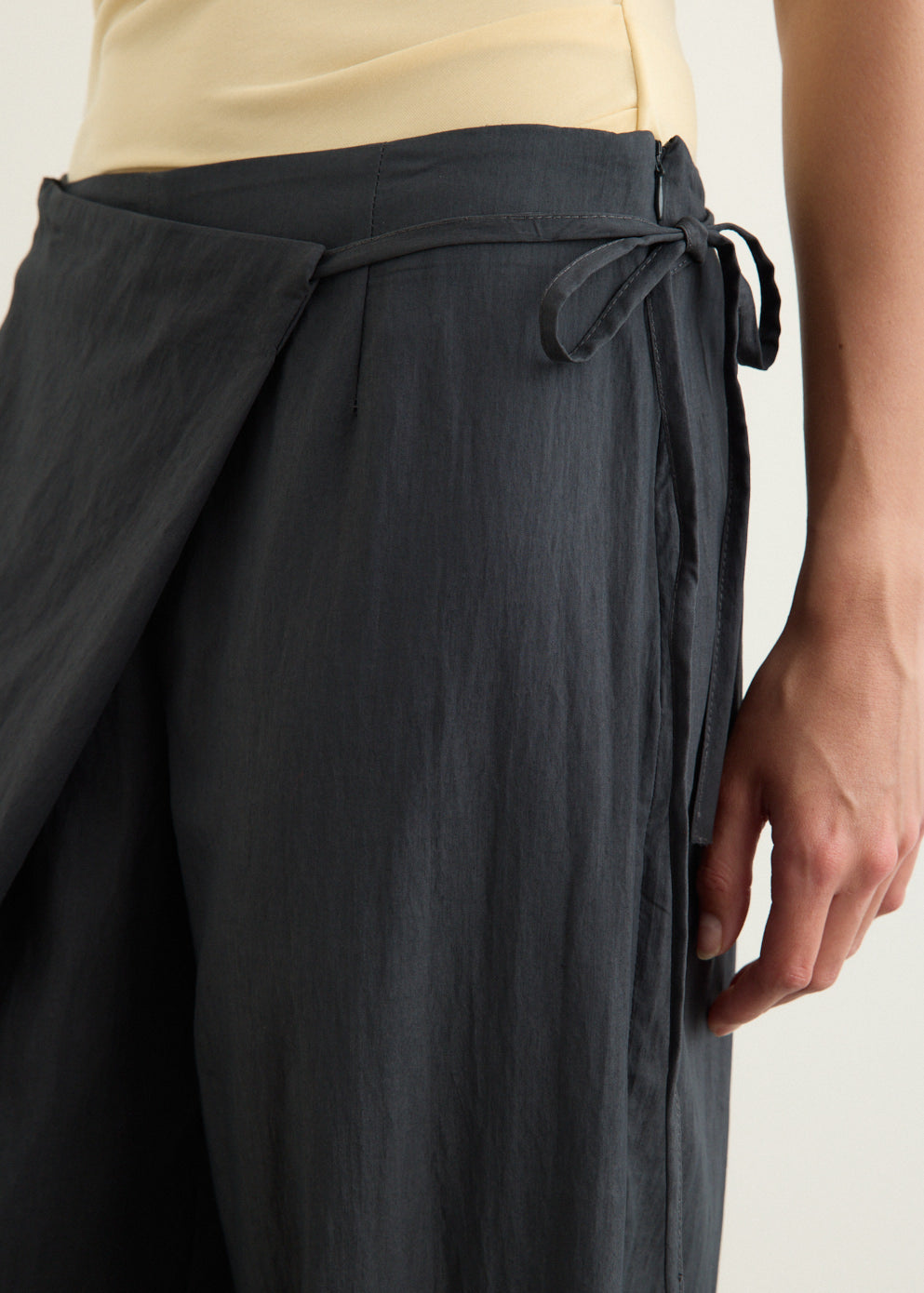 Wide Leg Wrap Pants with Textured Nylon Blend and Extended Pleat Detail