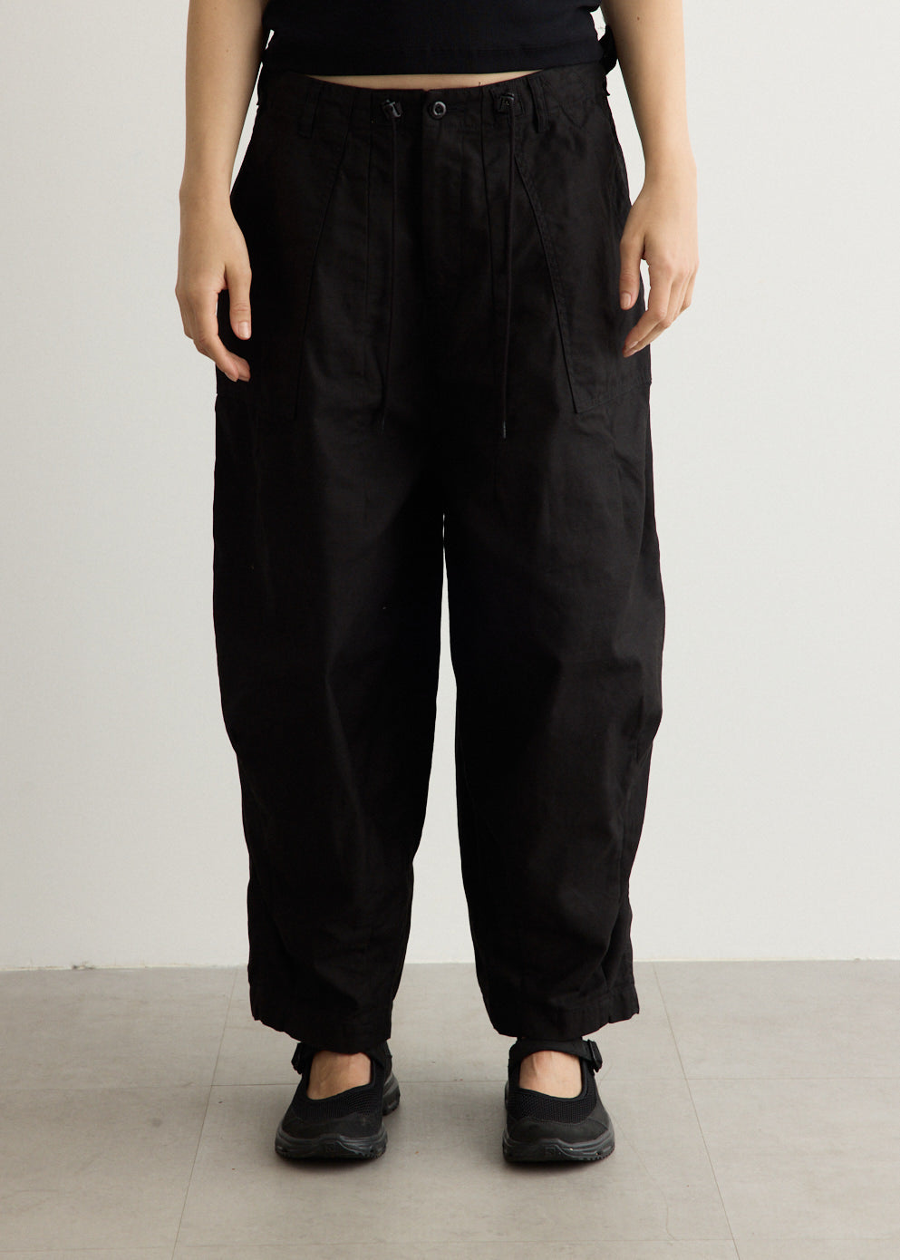 Wide Leg Cotton Drill Pants with Drawstring Waistband and Oversized Pockets