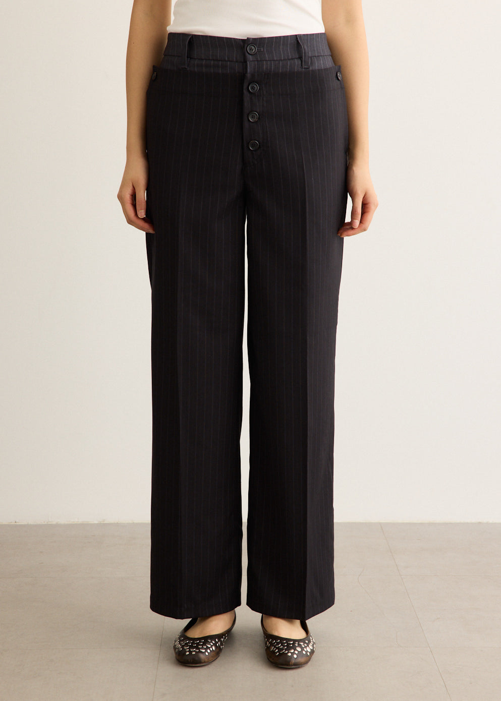 Wide-Leg Pinstripe Trousers with Convertible Button Waist and Button-Fly Closure