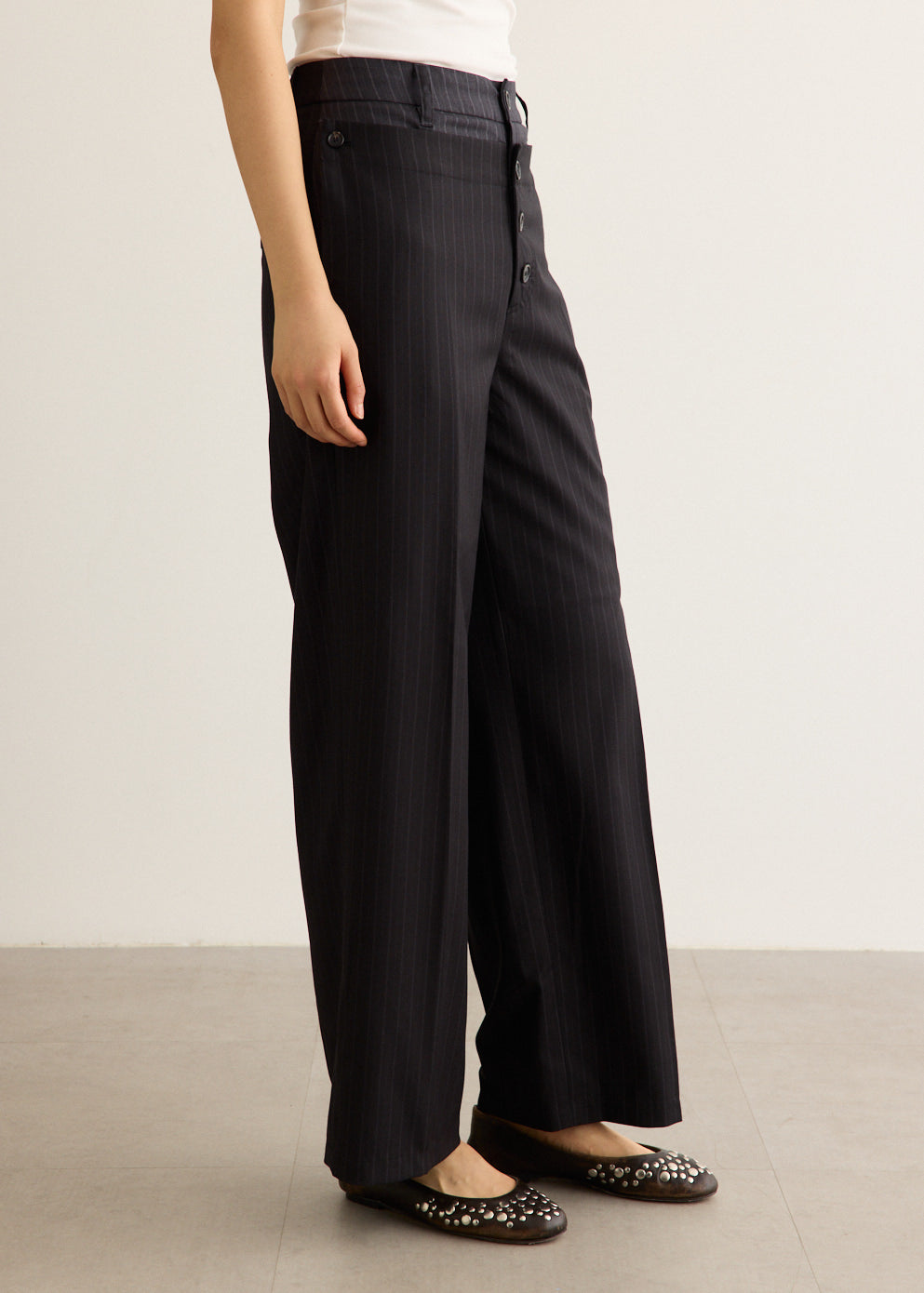 Wide-Leg Pinstripe Trousers with Convertible Button Waist and Button-Fly Closure
