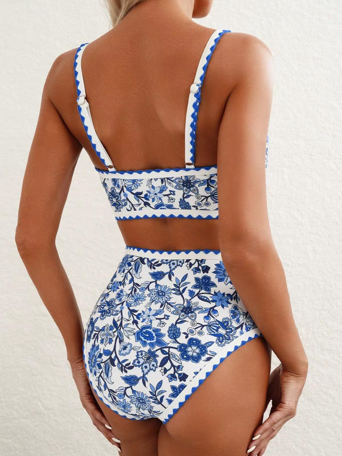 High Waist Blue Floral Bikini Set