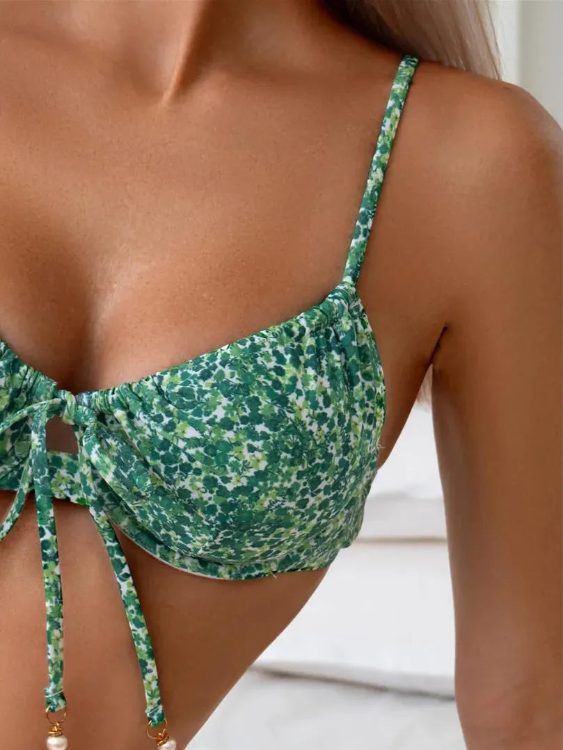 Ruched High Waist Green String Bikini Set