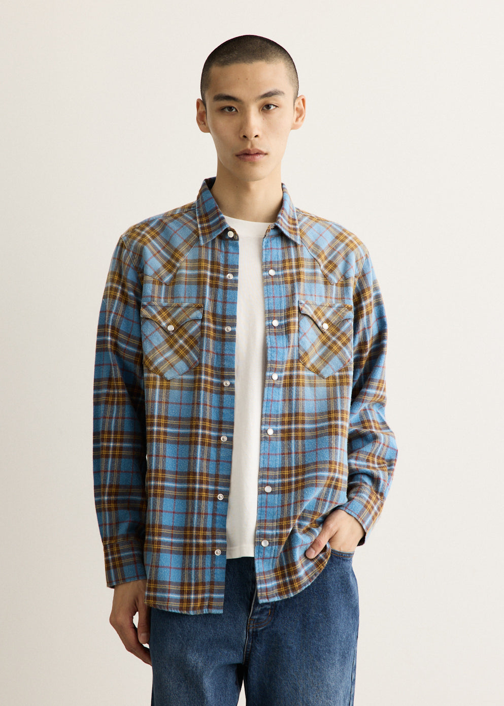 Cotton Flannel Western Shirt with Button Front and Chest Pockets