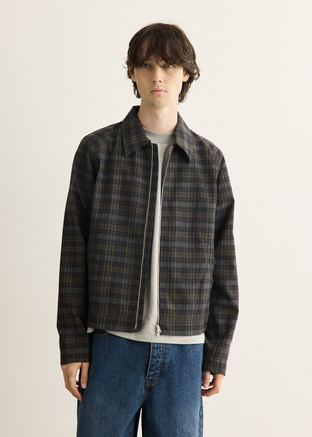 Charcoal Gray Checked Wool Blend Blouson with Raglan Sleeves and Two-Way Zipper