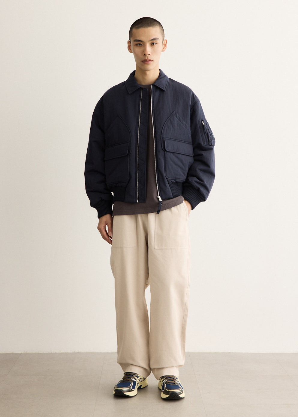 Cotton Nylon Twill Bomber Jacket with Zip Closure and Multiple Pockets