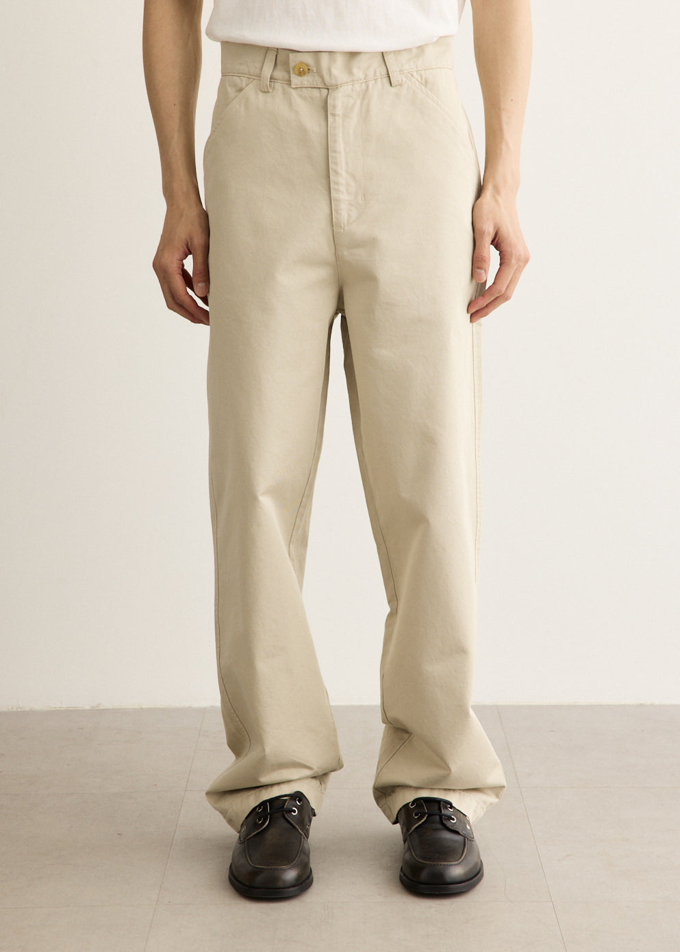 Wide Leg Cotton Twill Chino Pants with Mid-Rise Waist and Relaxed Fit