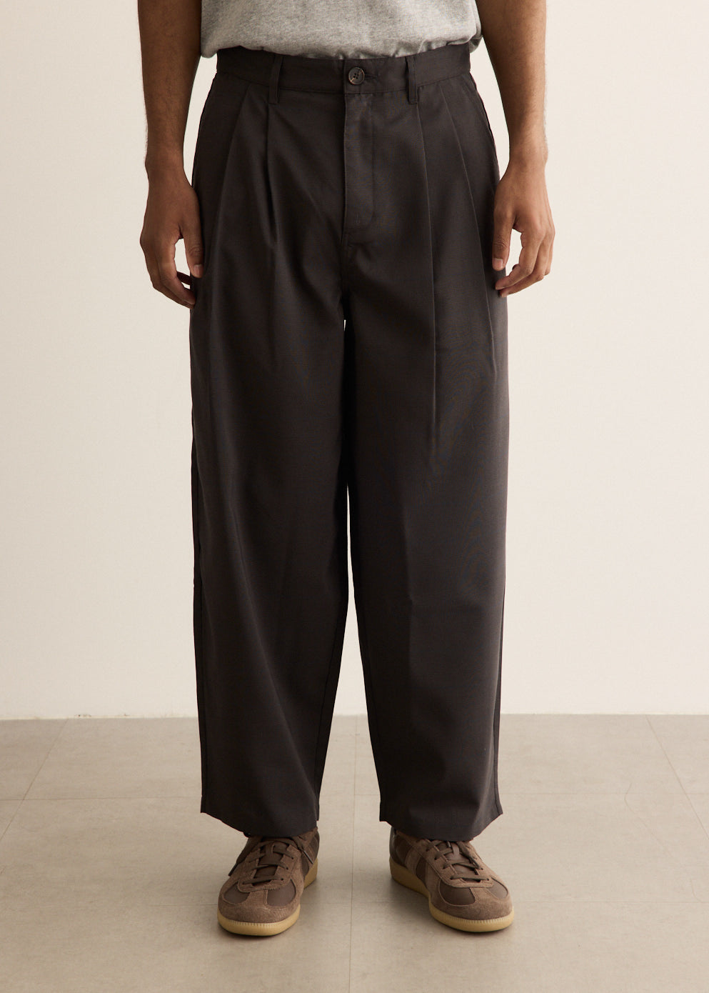Charcoal Check Wide Leg Pants with Front Pleats and Zip Fly