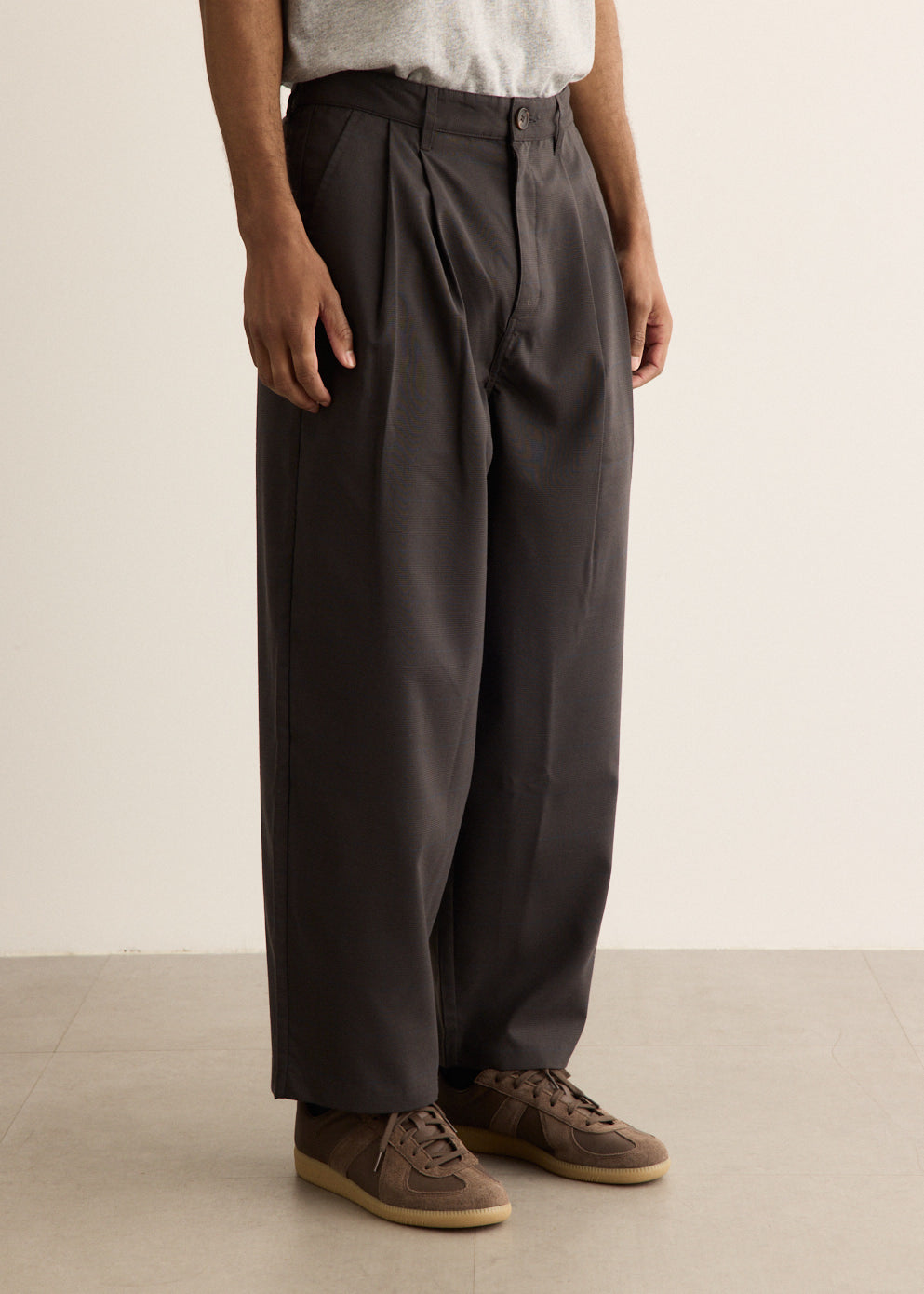 Charcoal Check Wide Leg Pants with Front Pleats and Zip Fly