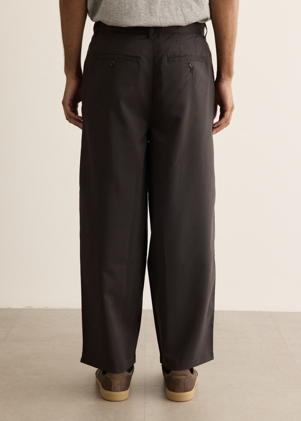 Charcoal Check Wide Leg Pants with Front Pleats and Zip Fly