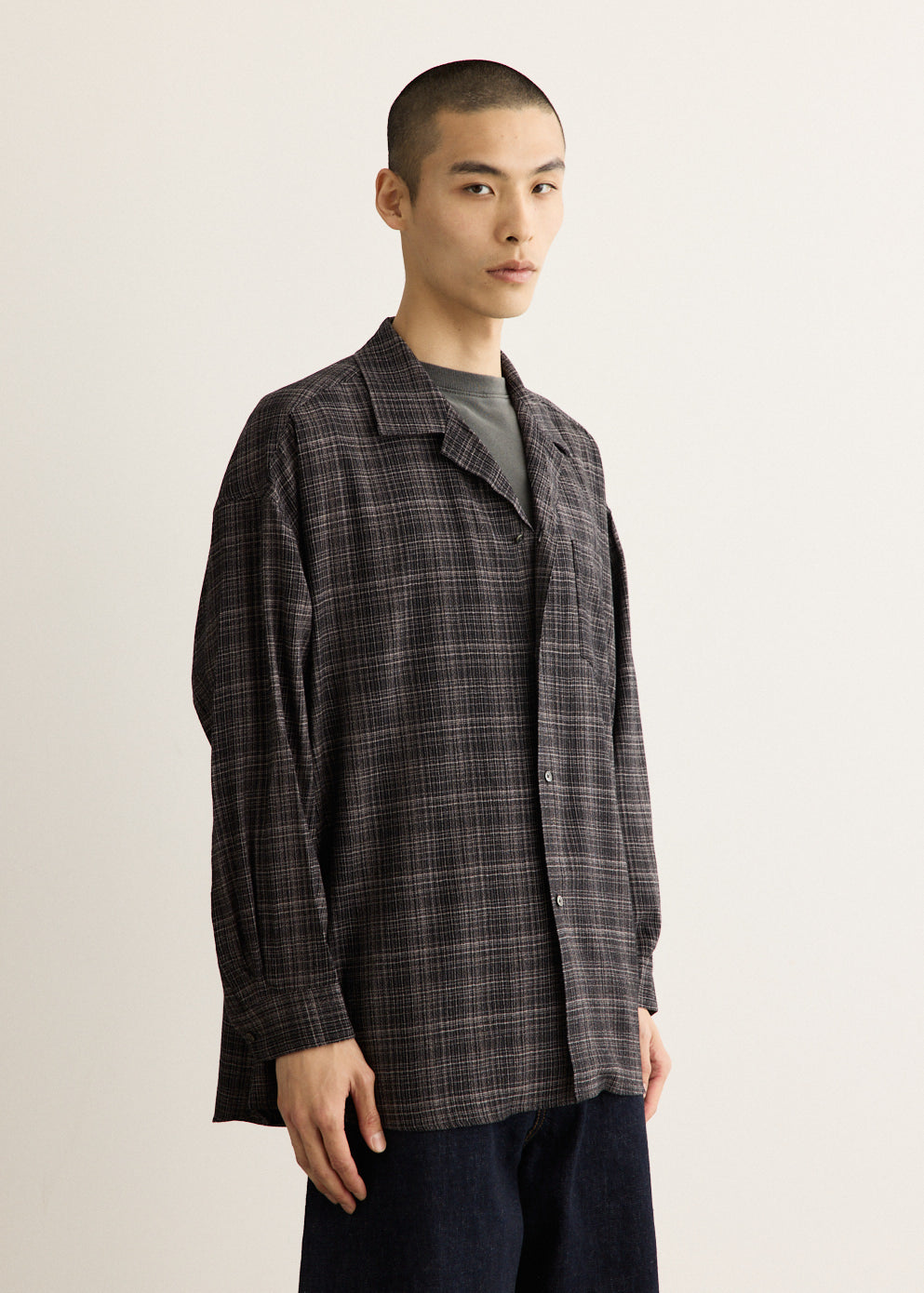 Wool Lawn Check Shirt with Open Collar and Dropped Shoulders, Oversized Fit