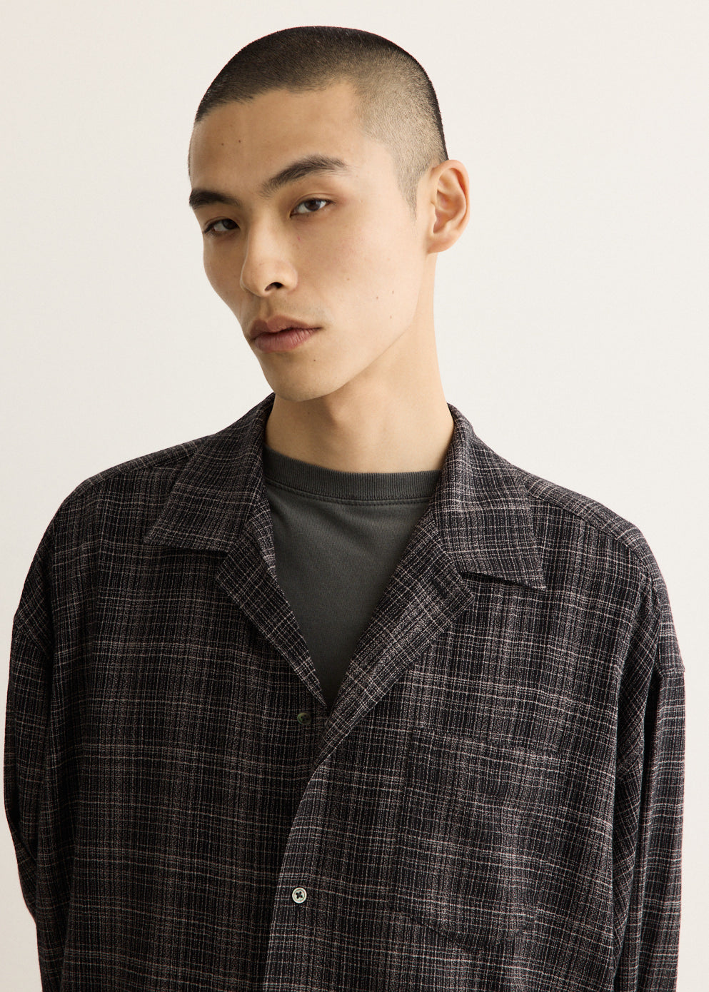 Wool Lawn Check Shirt with Open Collar and Dropped Shoulders, Oversized Fit