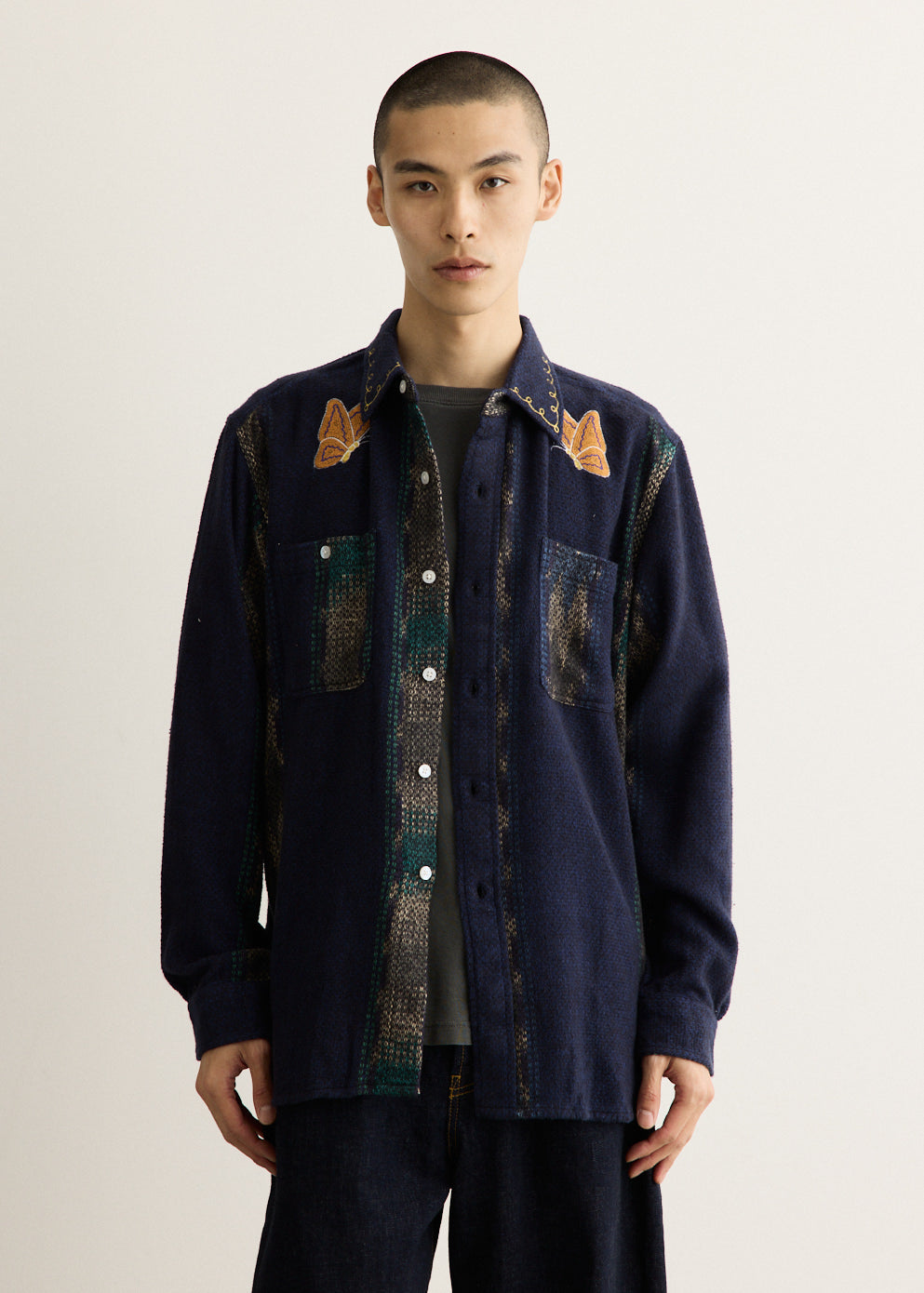 Cotton Work Shirt with Ikat Basket-Weave Fabric and Embroidered Papillon Details