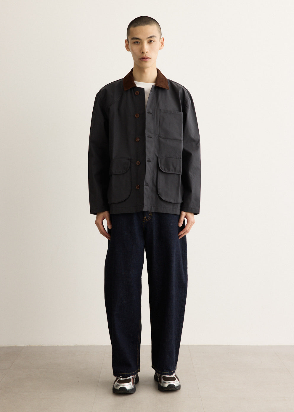 Waxed Cotton Canvas Jacket with Corduroy Collar and Two-Way Zipper
