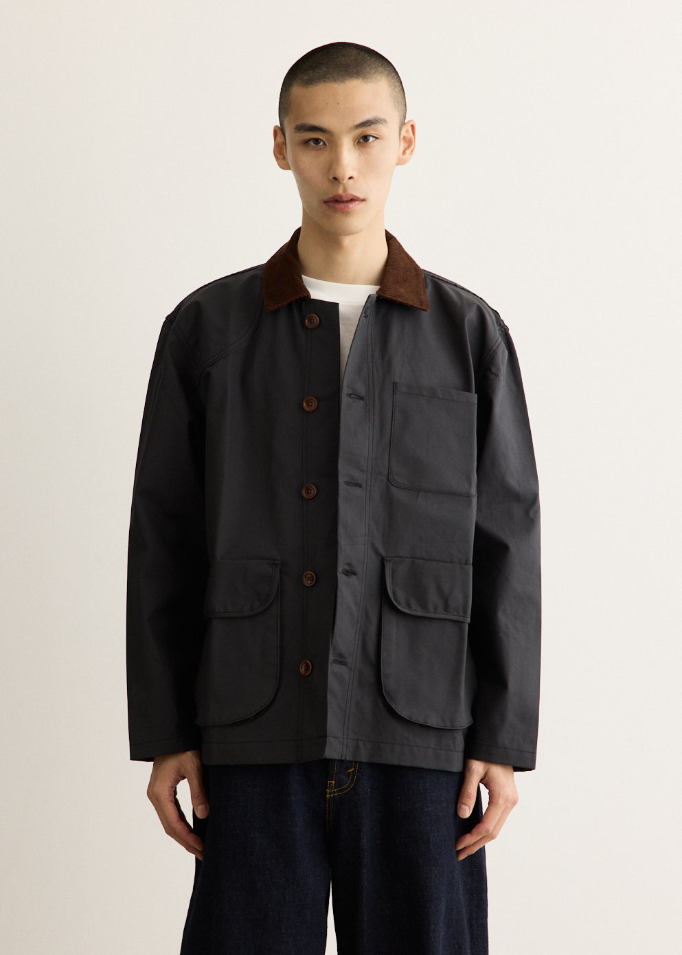 Waxed Cotton Canvas Jacket with Corduroy Collar and Two-Way Zipper