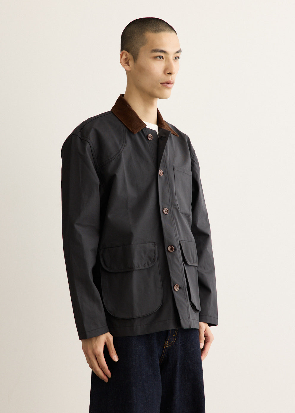 Waxed Cotton Canvas Jacket with Corduroy Collar and Two-Way Zipper