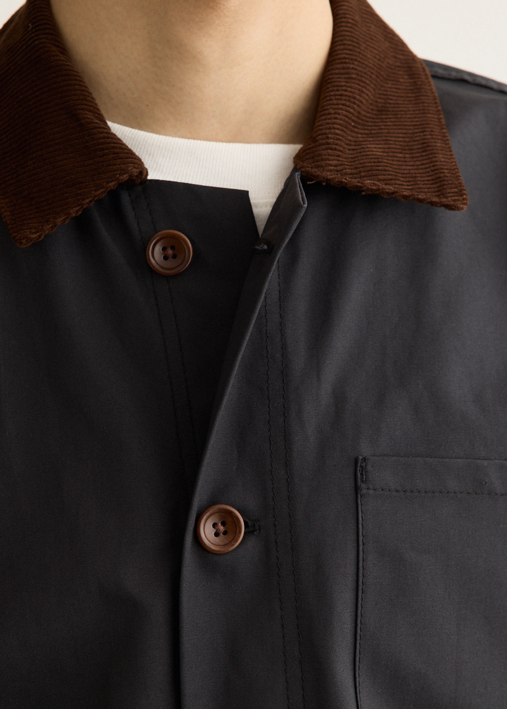 Waxed Cotton Canvas Jacket with Corduroy Collar and Two-Way Zipper