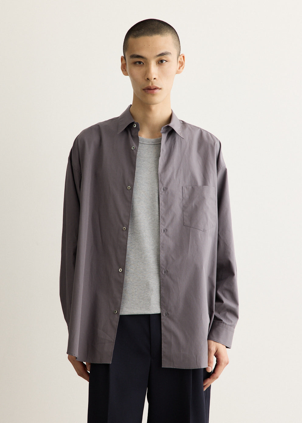Oversized Cotton Shirt with Band Collar and Dropped Shoulders, Long Sleeves