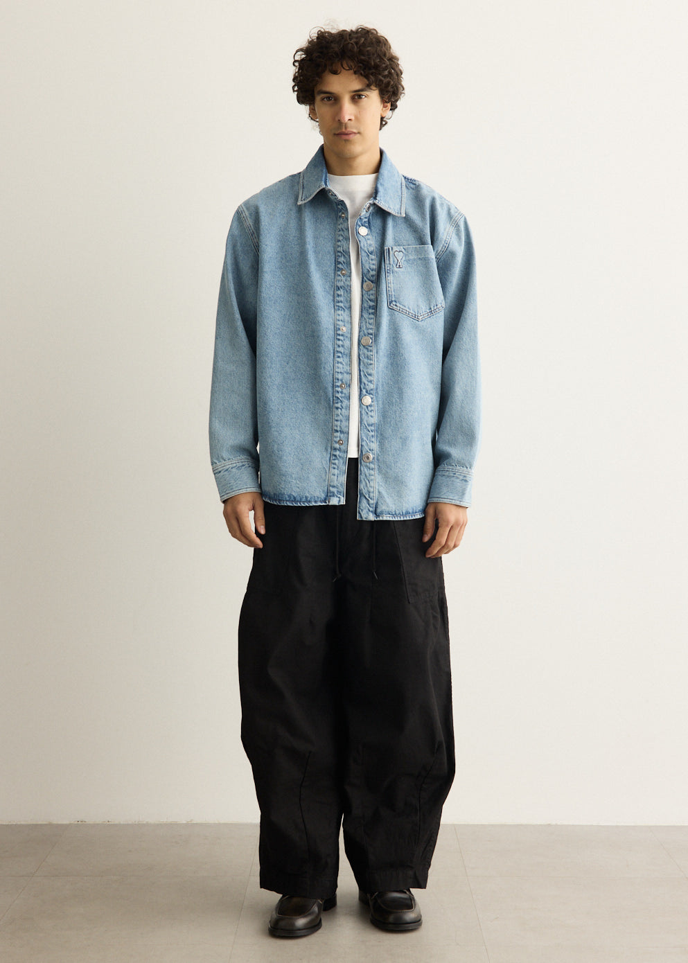 Washed Cotton Drill Fatigue Pants with Wide Leg and Drawstring Waistband