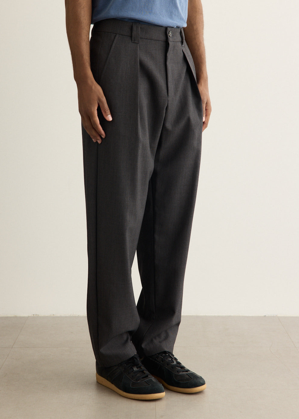 Wide-Leg Wool Blend Pants with Front Pleats and Carrot Cut Taper