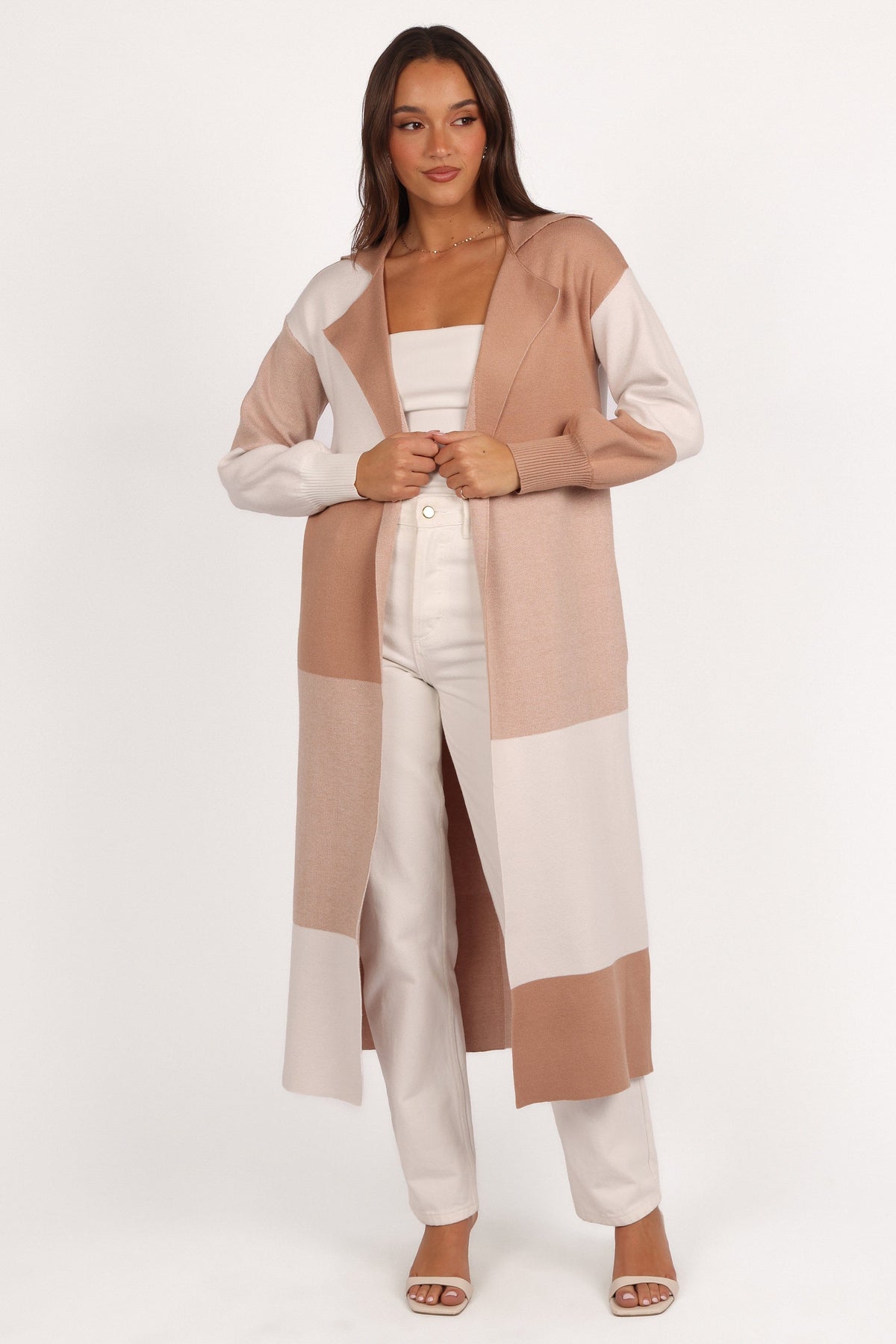 Petal and Pup USA KNITWEAR Kingston Large Check Long Cardigan - Beige Check