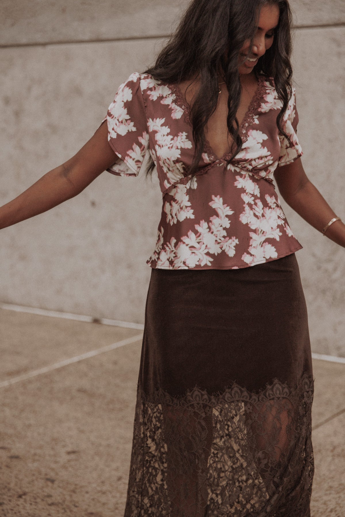 TOPS Owen Lace Insert Top - Pink Rum Floral