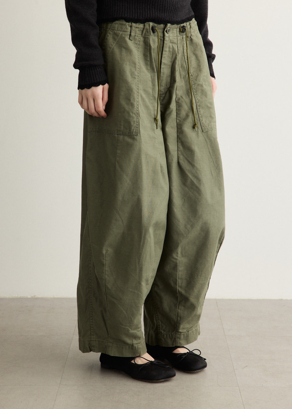 Wide Leg Cotton Pants with Drawstring Waistband and Patch Pockets