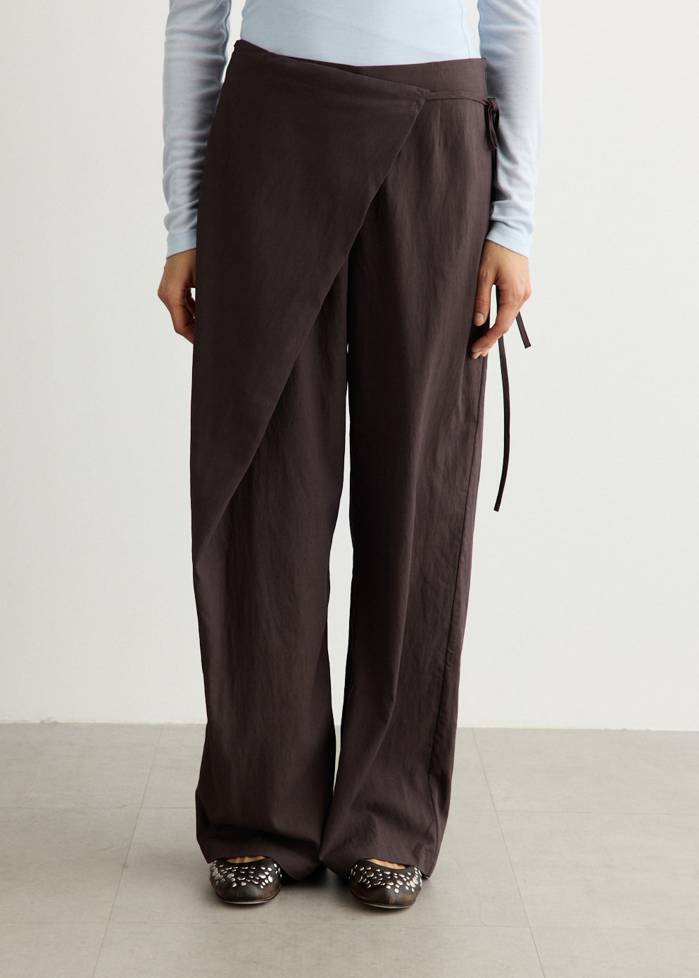 Wide-Leg Wrap Pants with Extended Pleat Detail and Relaxed Fit