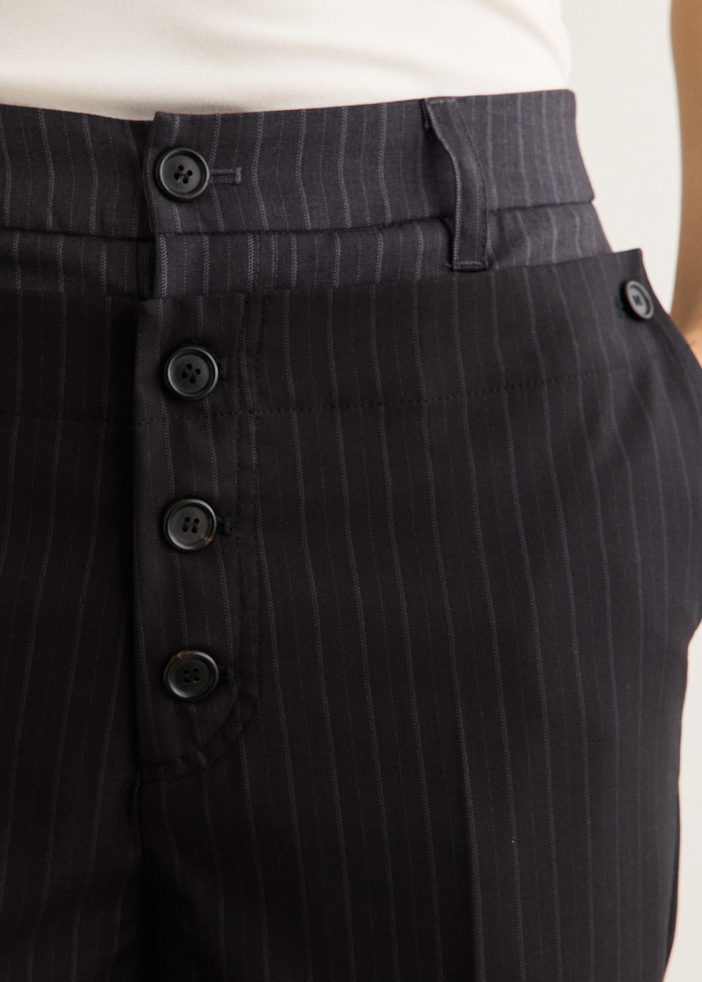 Wide-Leg Pinstripe Trousers with Convertible Button Waist and Button-Fly Closure